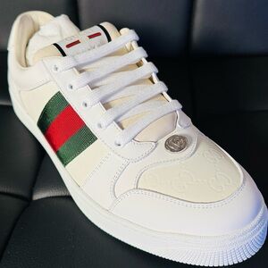 Gucci Men's White Sneakers with Red and Green Accents